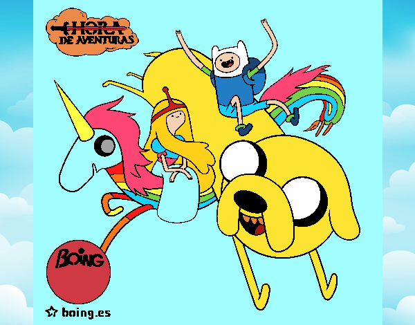 Jake, Finn, la princesa Chicle y Lady Arco Iris