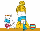Chica con bufanda y taza de té