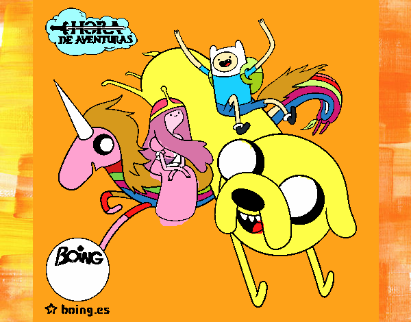 Jake, Finn, la princesa Chicle y Lady Arco Iris