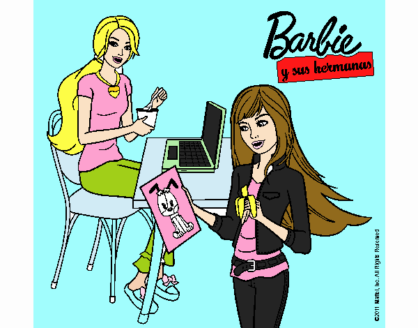 Dibujo de Barbie y su hermana merendando pintado por en Dibujos net el día a las