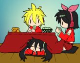 Miku, Rin y Len desayunando