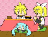 Miku, Rin y Len desayunando