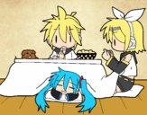 Miku, Rin y Len desayunando