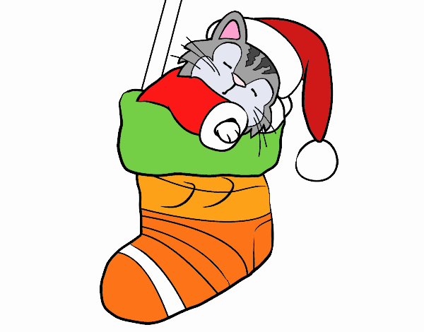 Gatito durmiendo en un calcetín de Navidad