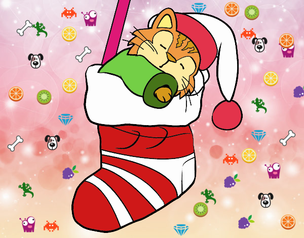 Gatito durmiendo en un calcetín de Navidad