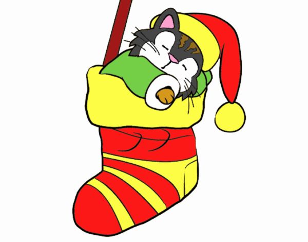 Gatito durmiendo en un calcetín de Navidad