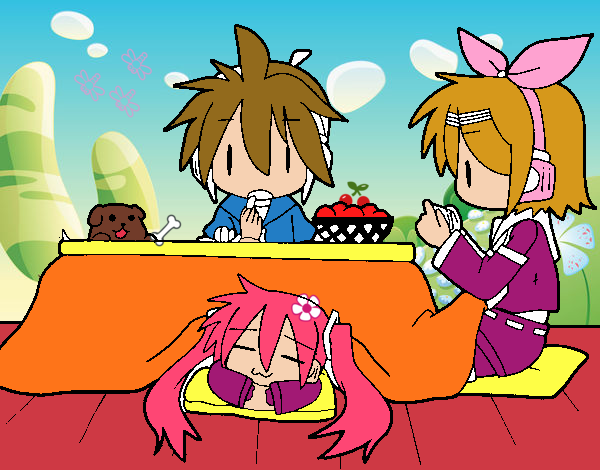 Miku, Rin y Len desayunando