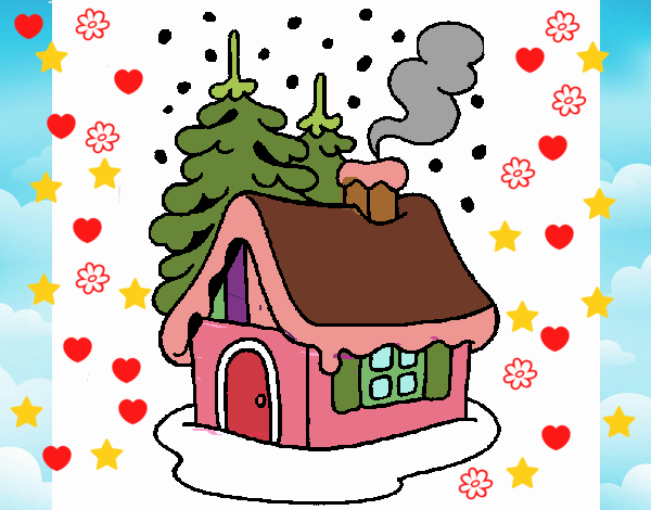 dibujo de una cabaña en navidad