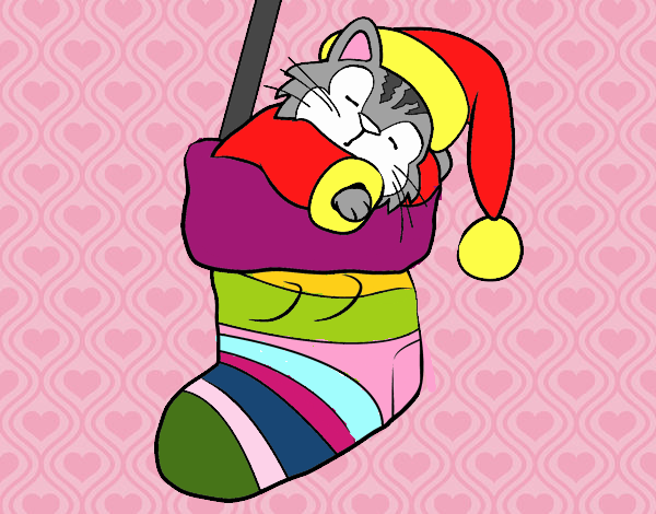 Gatito durmiendo en un calcetín de Navidad