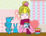Chica con bufanda y taza de té