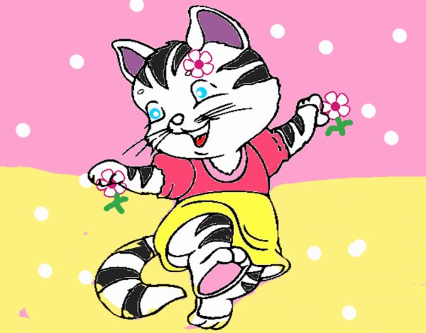 Gatita  bailando con flores en las manos