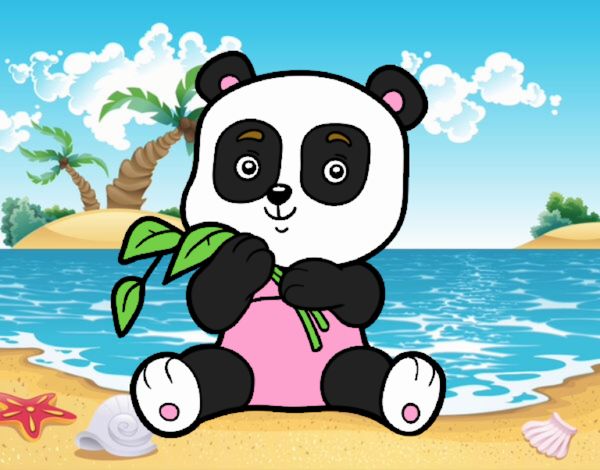 Bebe panda paseando en la playa