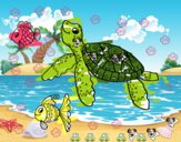 Tortuga de mar con peces