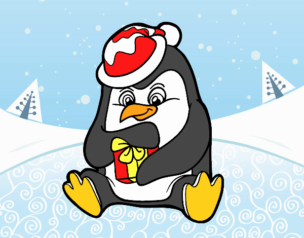 Un pingüino con regalo de Navidad