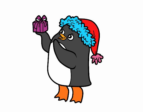 Pingüino con gorro y regalo de Navidad