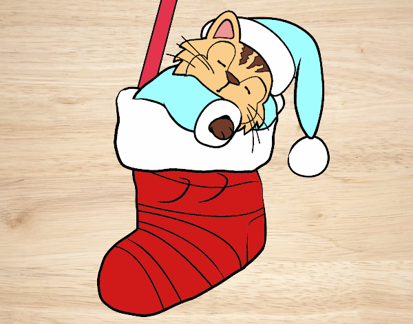 Gatito durmiendo en un calcetín de Navidad