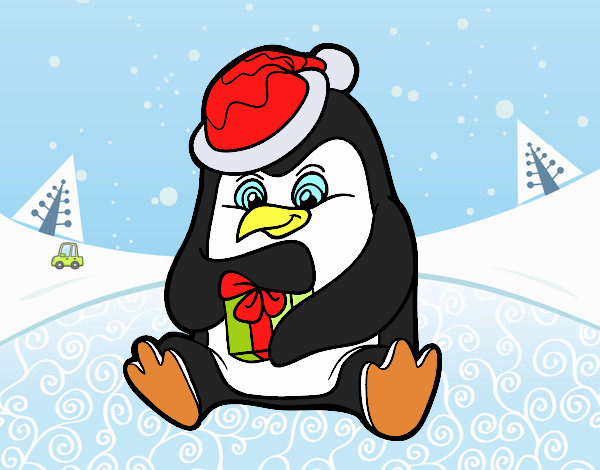 Un pingüino con regalo de Navidad