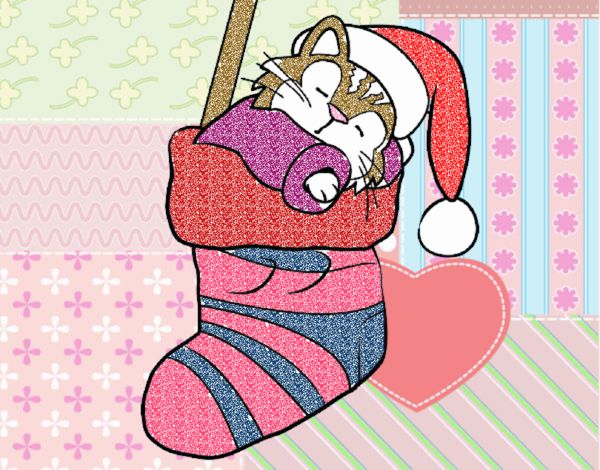 Gatito durmiendo en un calcetín de Navidad