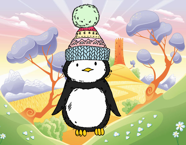 Pingüino con gorro de invierno