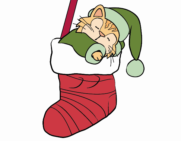 Gatito durmiendo en un calcetín de Navidad