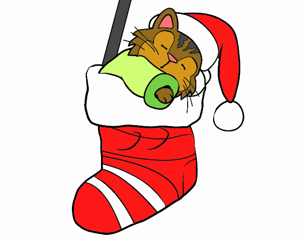 Gatito durmiendo en un calcetín de Navidad