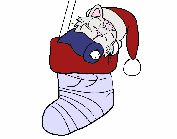 Gatito durmiendo en un calcetín de Navidad