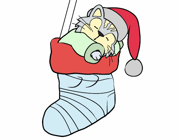 Gatito durmiendo en un calcetín de Navidad