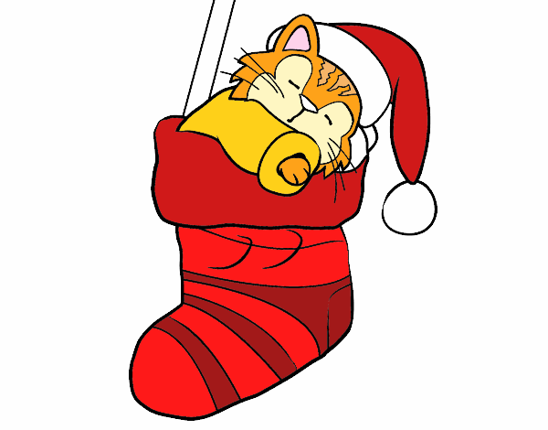 Gatito durmiendo en un calcetín de Navidad