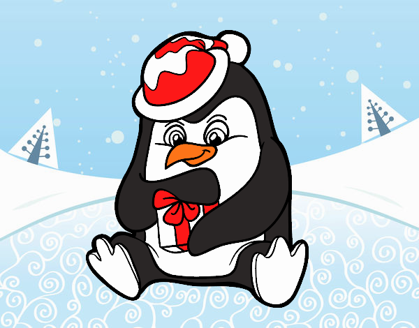 Un pingüino con regalo de Navidad