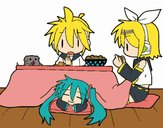 Miku, Rin y Len desayunando