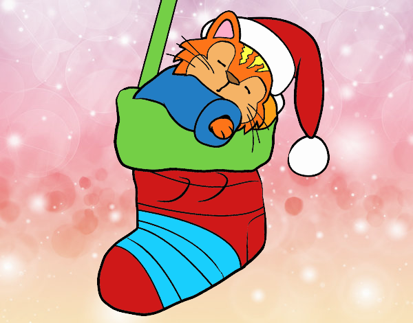 Gatito durmiendo en un calcetín de Navidad