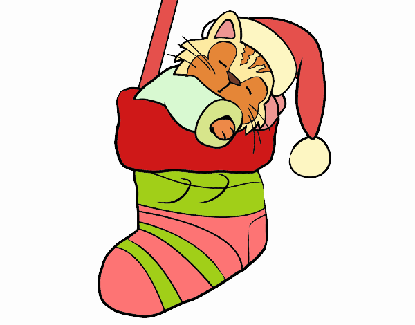 Gatito durmiendo en un calcetín de Navidad