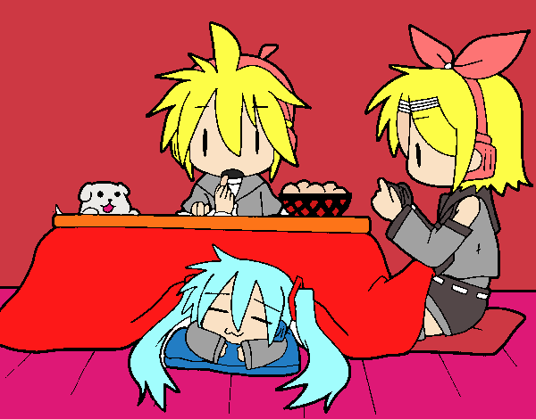 Miku, Rin y Len desayunando