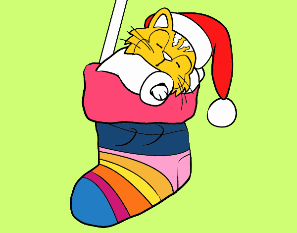 Gatito durmiendo en un calcetín de Navidad