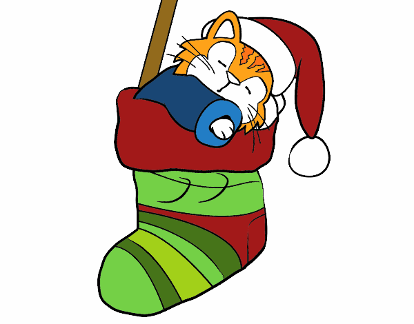 Gatito durmiendo en un calcetín de Navidad