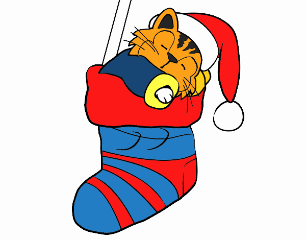 Gatito durmiendo en un calcetín de Navidad