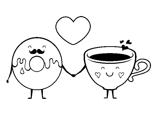 Dibujo de Amor entre dónut y té para Colorear