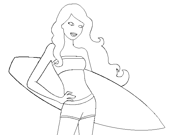 Dibujo de Barbie con tabla de surf para Colorear