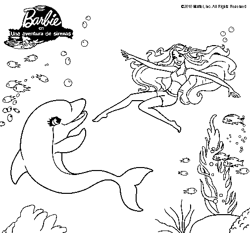 Dibujo de Barbie jugando con un delfín para Colorear