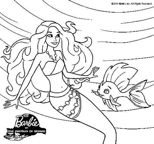 Dibujo de Barbie sirena con su amiga pez para Colorear
