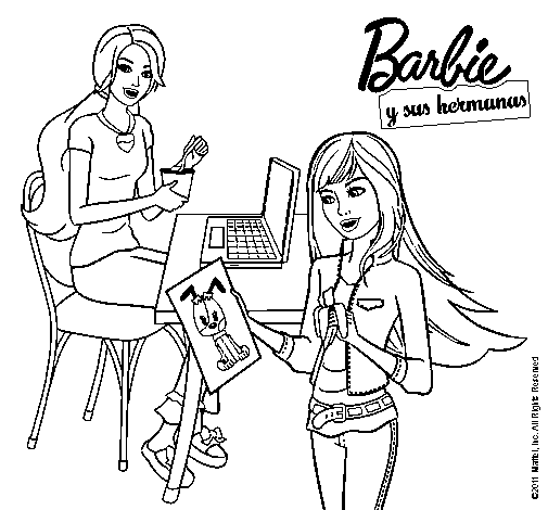 Dibujo de Barbie y su hermana merendando para Colorear