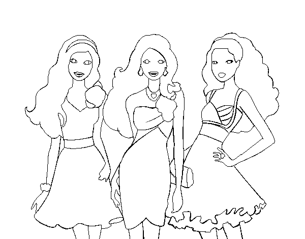 Dibujo de Barbie y sus amigas vestidas de fiesta para Colorear