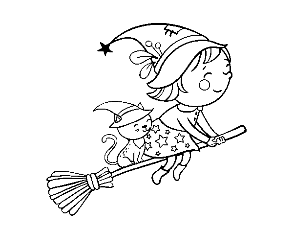 Dibujo de Brujita volando con su escoba para Colorear