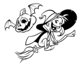 Dibujo de Brujita y calabaza de Halloween para colorear