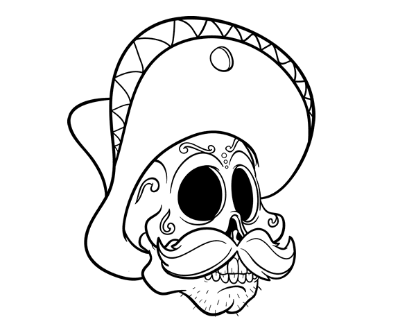 Dibujo de Calavera mejicana con bigote para Colorear 
