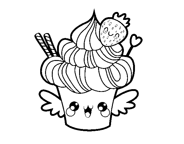 Dibujo de Cupcake kawaii con fresa para Colorear 