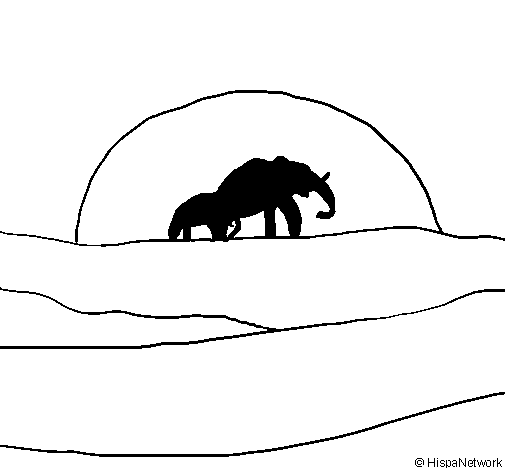 Dibujo de Elefante en el amanecer para Colorear