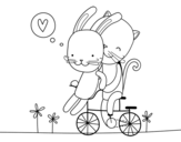 Dibujo de Gatito y Conejito enamorados para colorear
