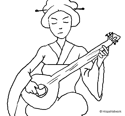 Dibujo de Geisha tocando el laud para Colorear