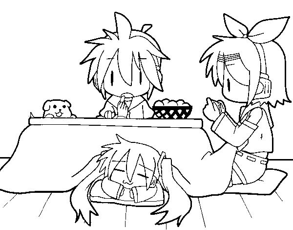 Dibujo de Miku, Rin y Len desayunando para Colorear